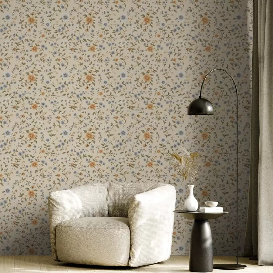 murales de pared Ramas florales con flores azules y melocotón a00575