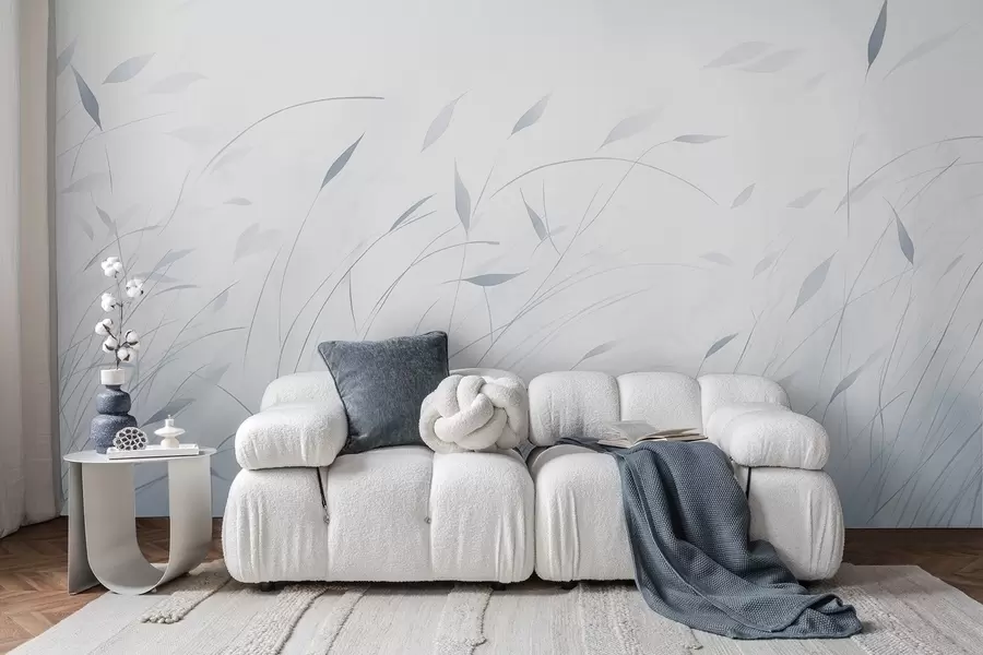murales de pared Hierba al viento en estilo acuarela en tonos azules w09331v2