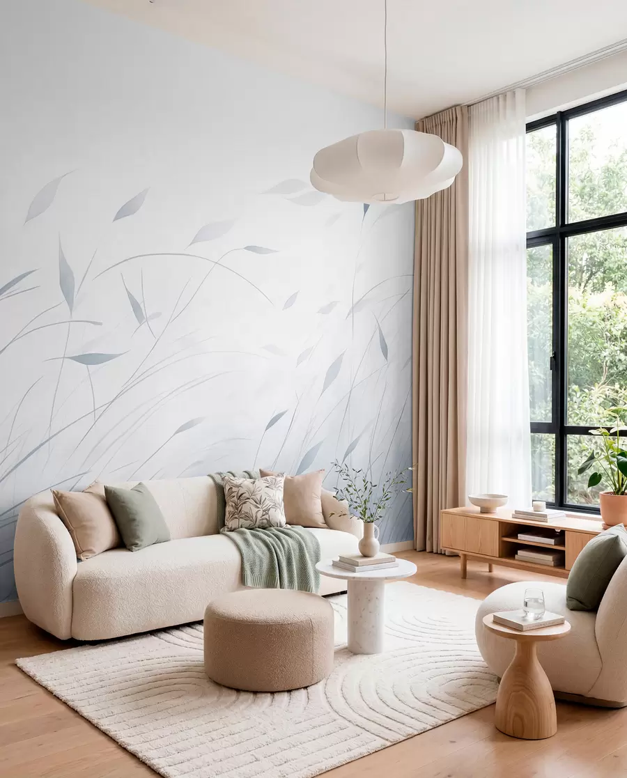 murales de pared Hierba al viento en estilo acuarela en tonos azules w09331v2