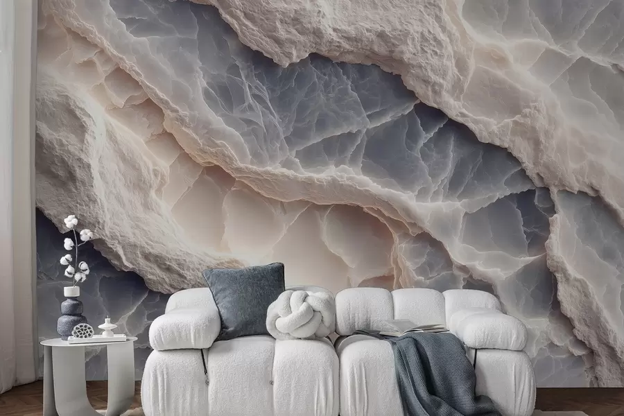 murales de pared Elegante abstracción al estilo de capas de mármol y minerales en color azul-beige w09408