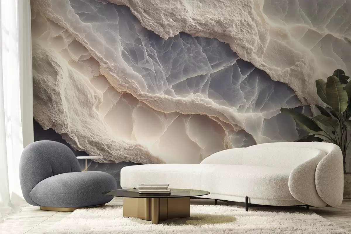 murales de pared Elegante abstracción al estilo de capas de mármol y minerales en color azul-beige w09408