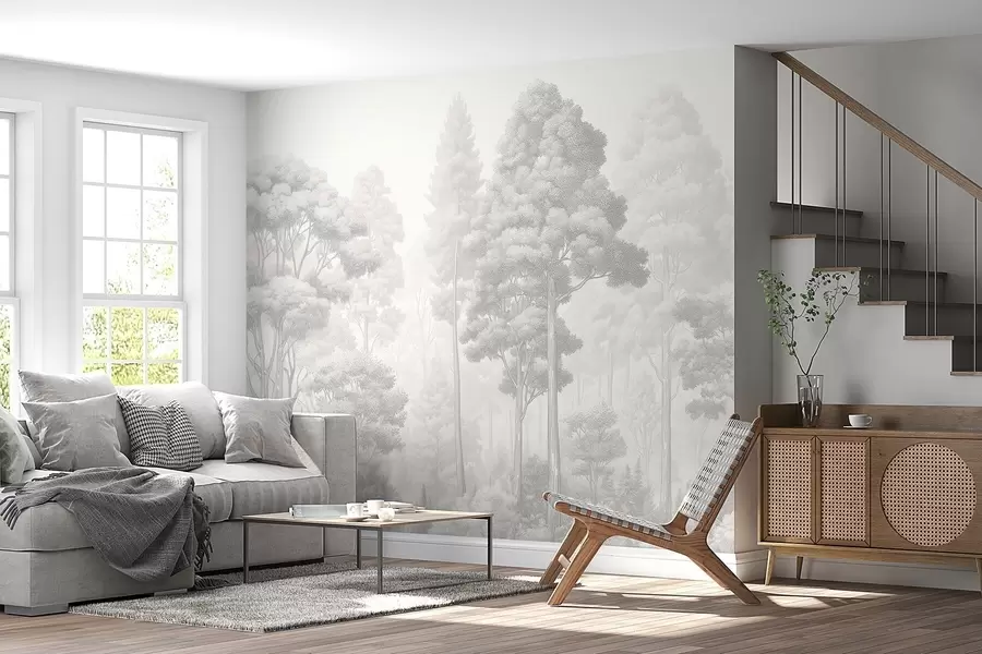 murales de pared Paisaje forestal artístico en la técnica del sombreado gráfico en blanco y negro w09411