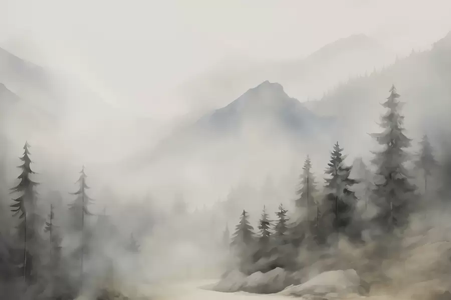murales de pared Bosque en la niebla con las montañas como telón de fondo w04493