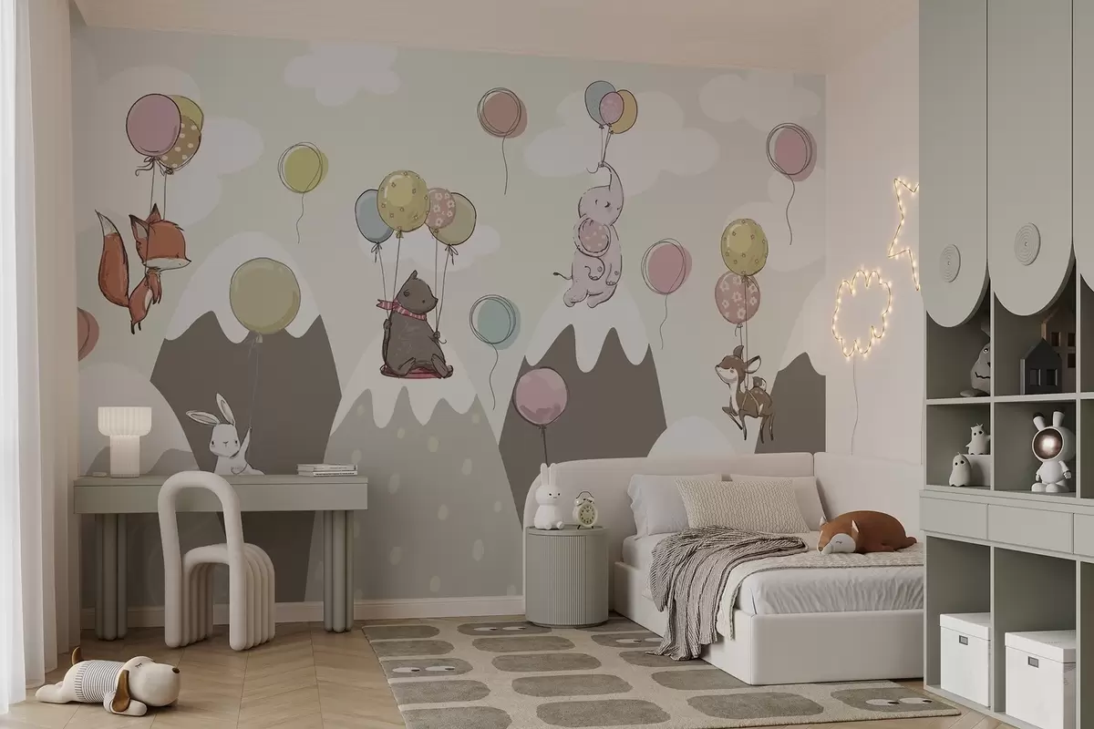 murales de pared Montañas escandinavas infantiles con animales w04651