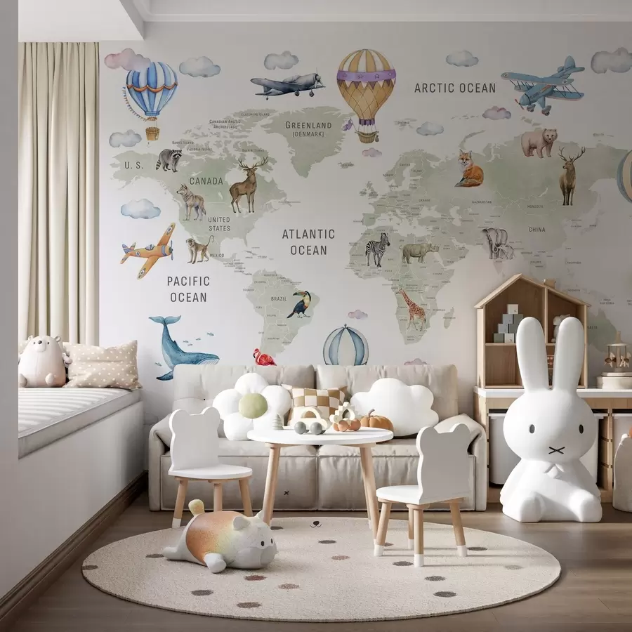 murales de pared Mapa mundial infantil con animales w04636