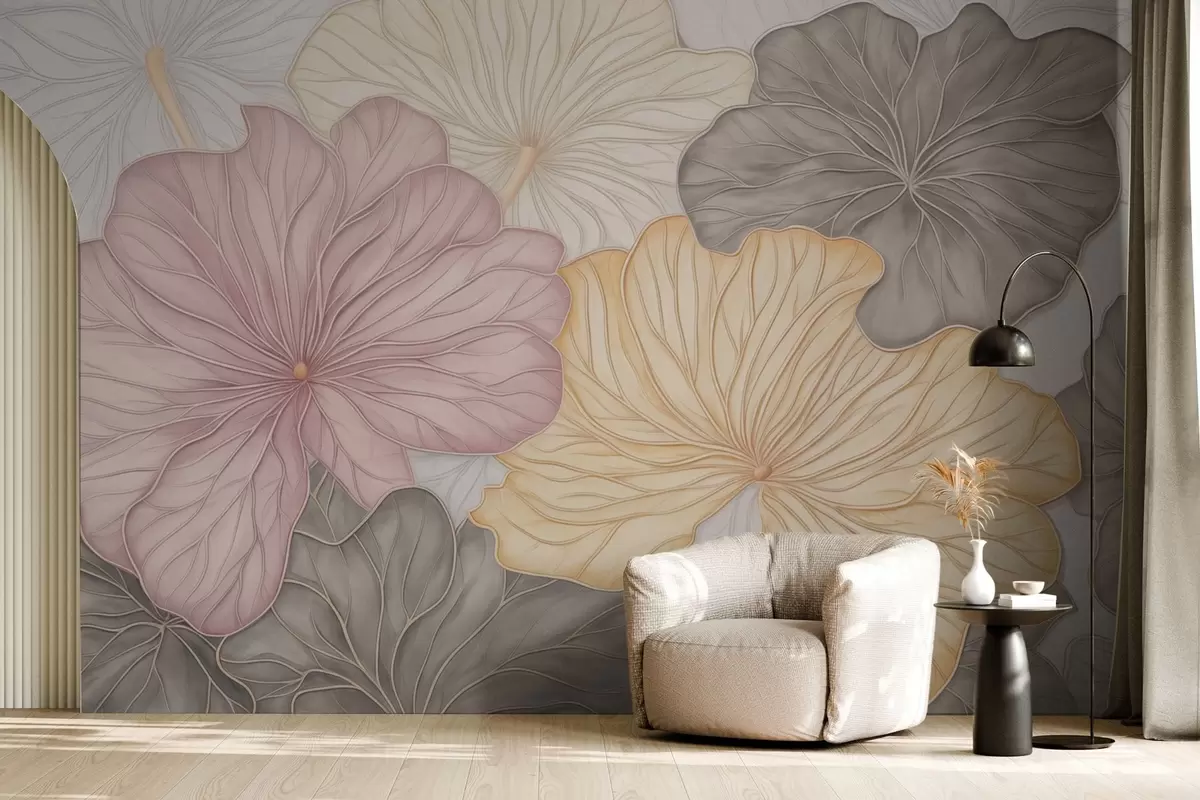 murales de pared Hojas grandes de color pastel con nervaduras finas w04612