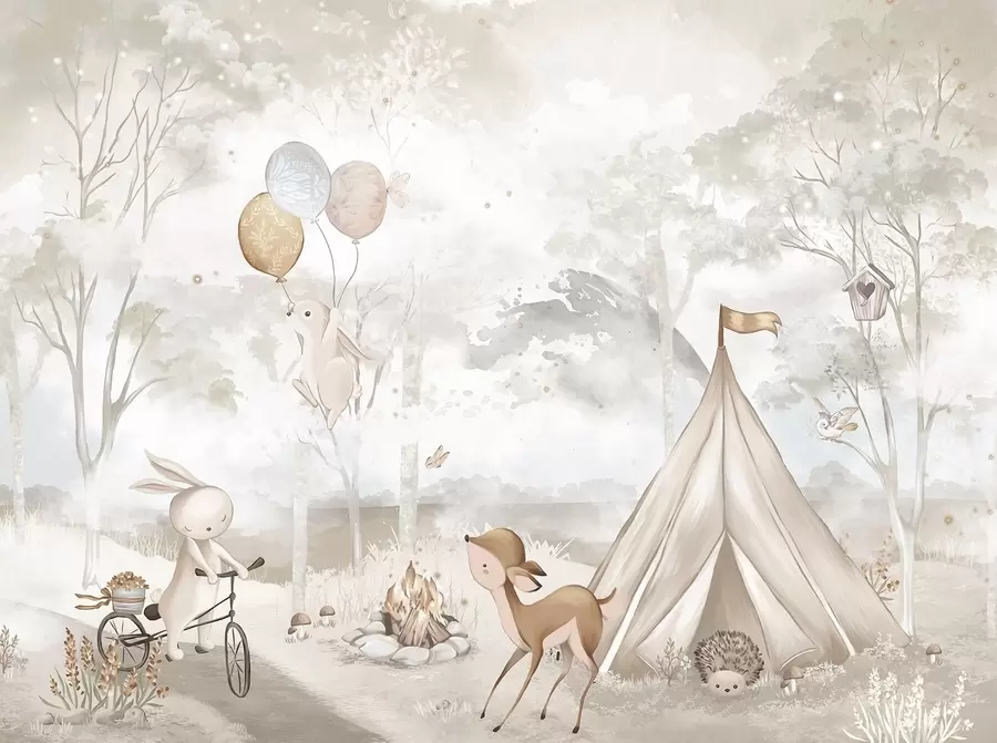 murales de pared Campamento infantil en cálidos tonos beige, con tienda de campaña y animales del bosque w04671