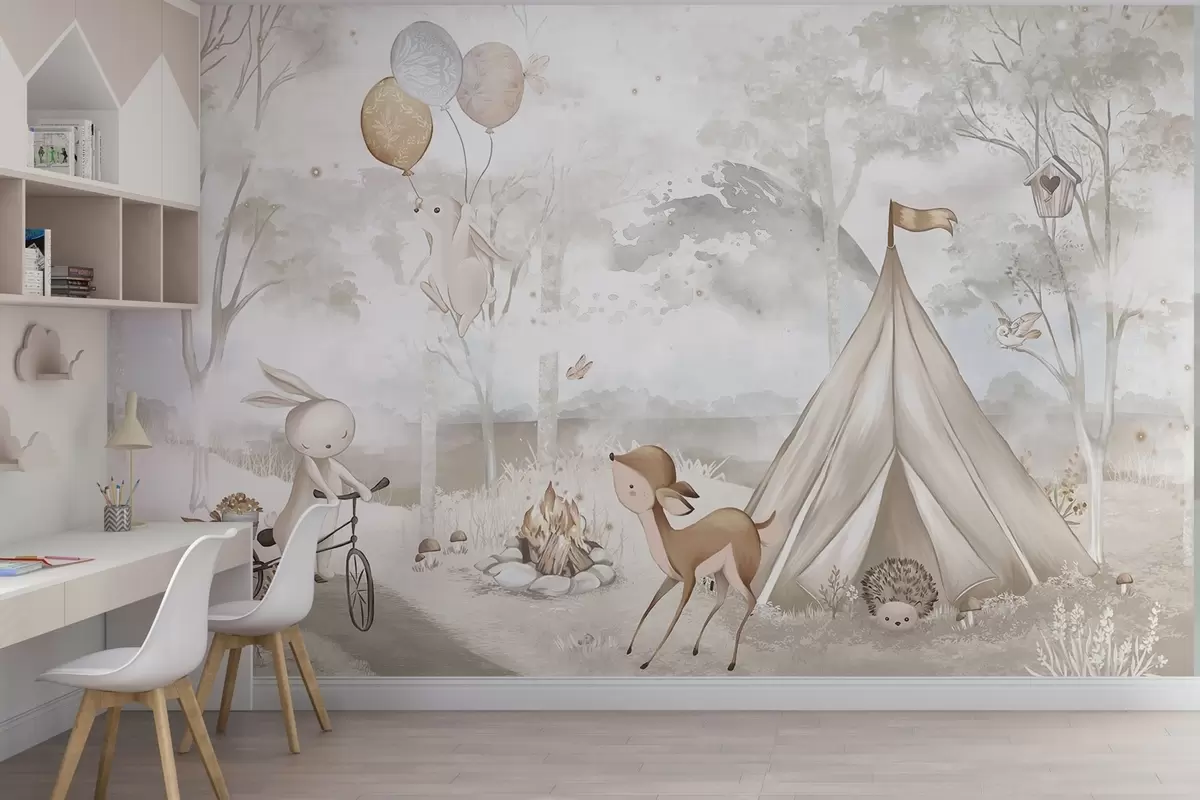 murales de pared Campamento infantil en cálidos tonos beige, con tienda de campaña y animales del bosque w04671