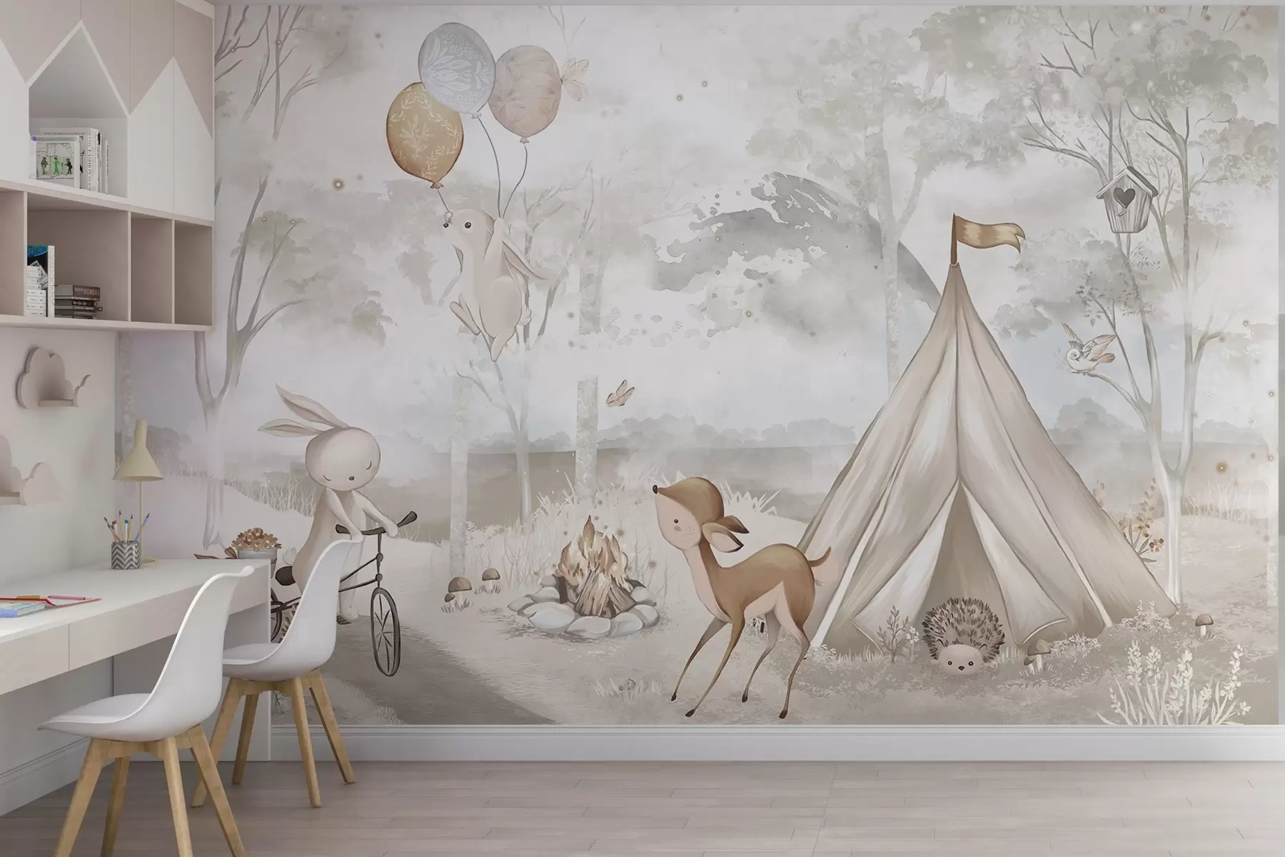 murales de pared Campamento infantil en cálidos tonos beige, con tienda de campaña y animales del bosque w04671