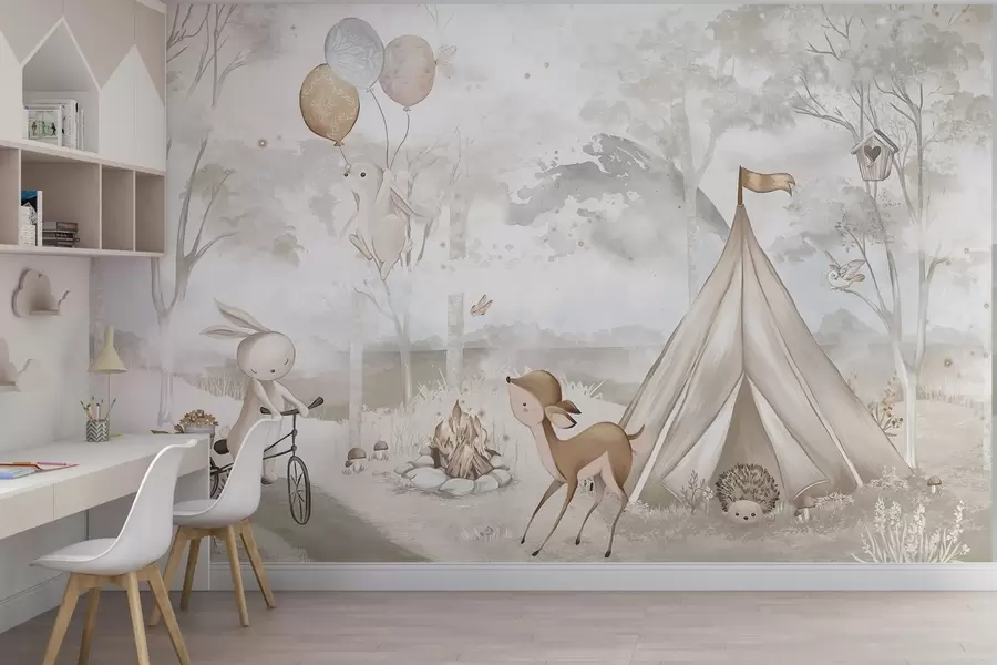 murales de pared Campamento infantil en cálidos tonos beige, con tienda de campaña y animales del bosque w04671