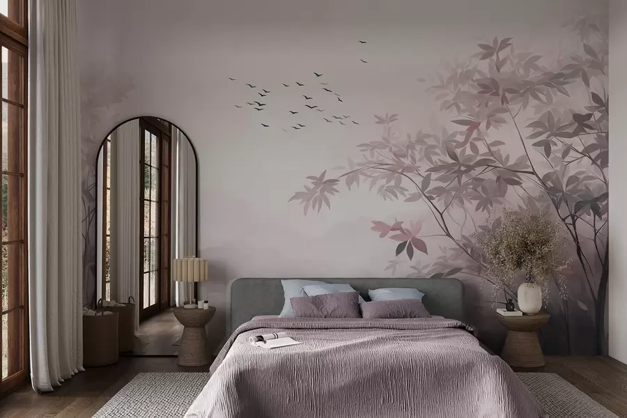 murales de pared Paisaje texturizado con árboles y una bandada de pájaros volando en el cielo, colores pastel, escena natural w09418v1