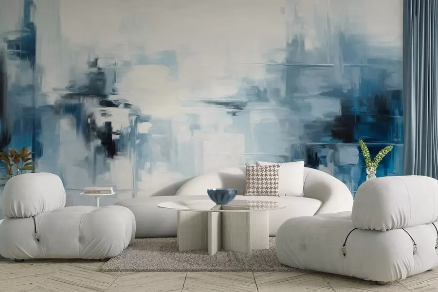 murales de pared Imitación de pintura abstracta de paisaje con textura y pinceladas azules y blancas, estilo moderno w09422