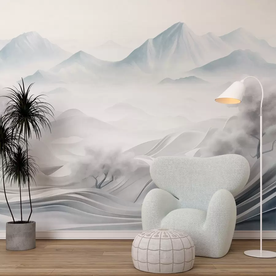 murales de pared Paisaje montañoso abstracto nevado con árboles blancos y niebla, estilo minimalista con textura w09426