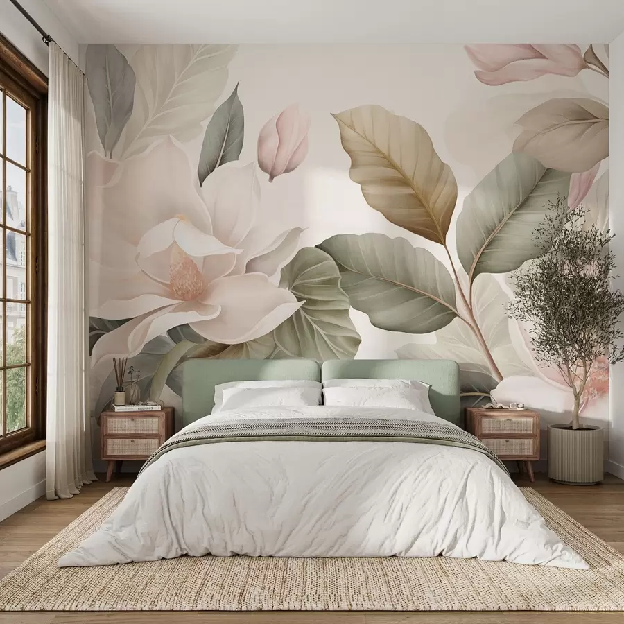 murales de pared Flores de magnolia con hojas en colores pastel, blanco, rosa y verde, suaves, delicadas, estilo acuarela w09427