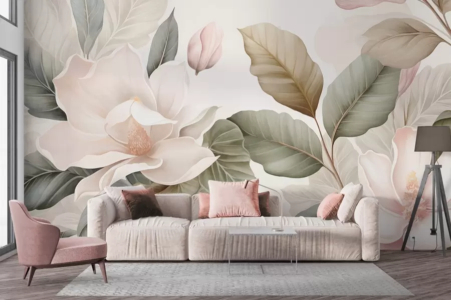 murales de pared Flores de magnolia con hojas en colores pastel, blanco, rosa y verde, suaves, delicadas, estilo acuarela w09427