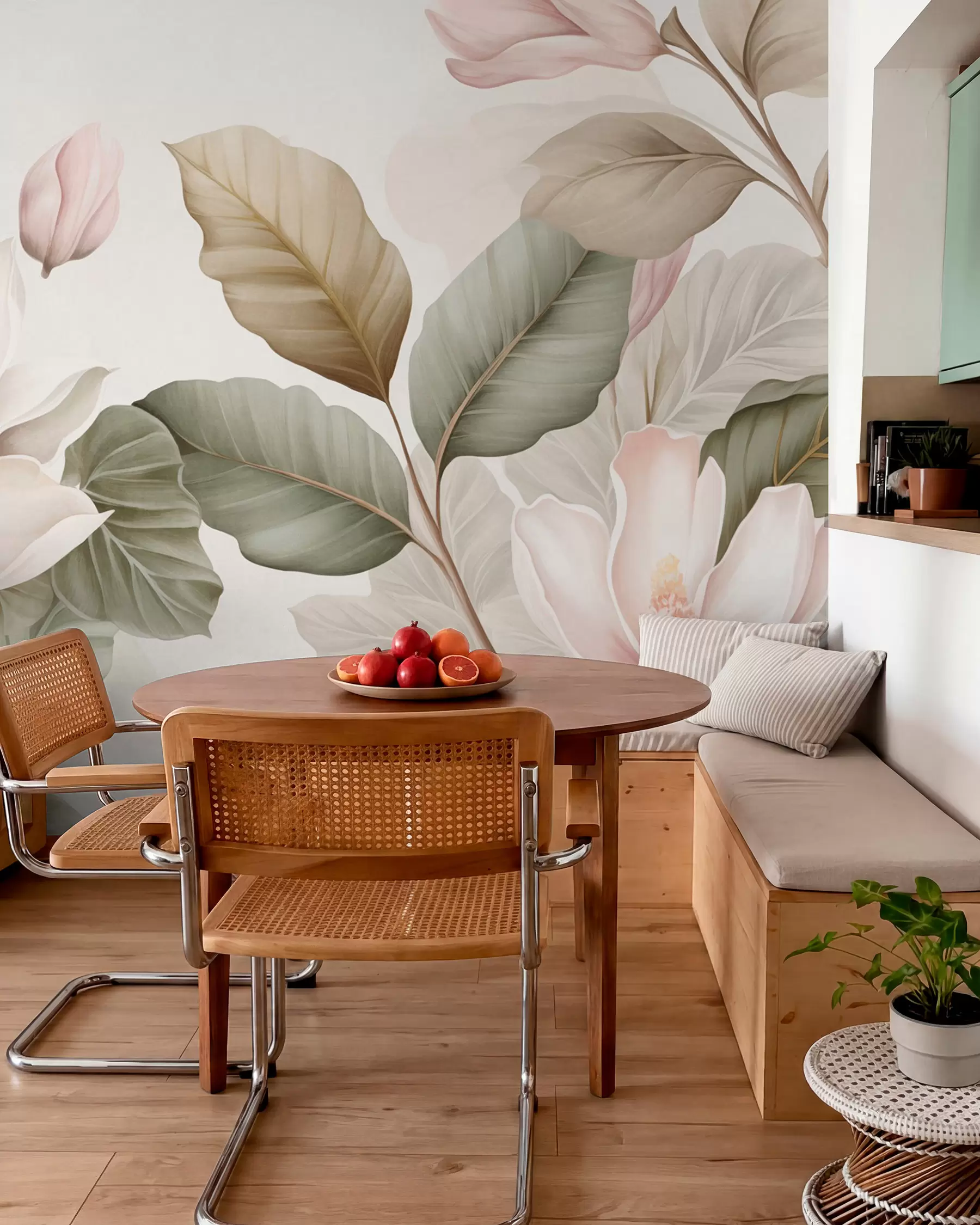 murales de pared Flores de magnolia con hojas en colores pastel, blanco, rosa y verde, suaves, delicadas, estilo acuarela w09427