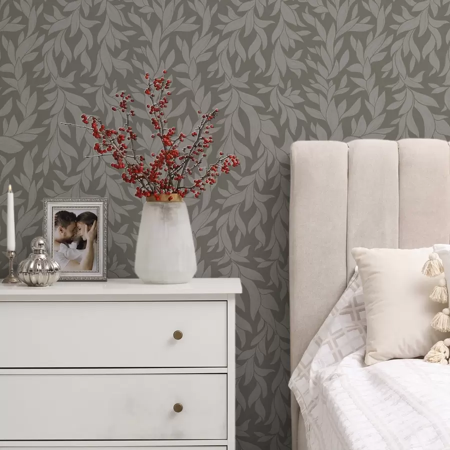 murales de pared Fondo verde oliva con hojas lila, textura lineal a00616v1