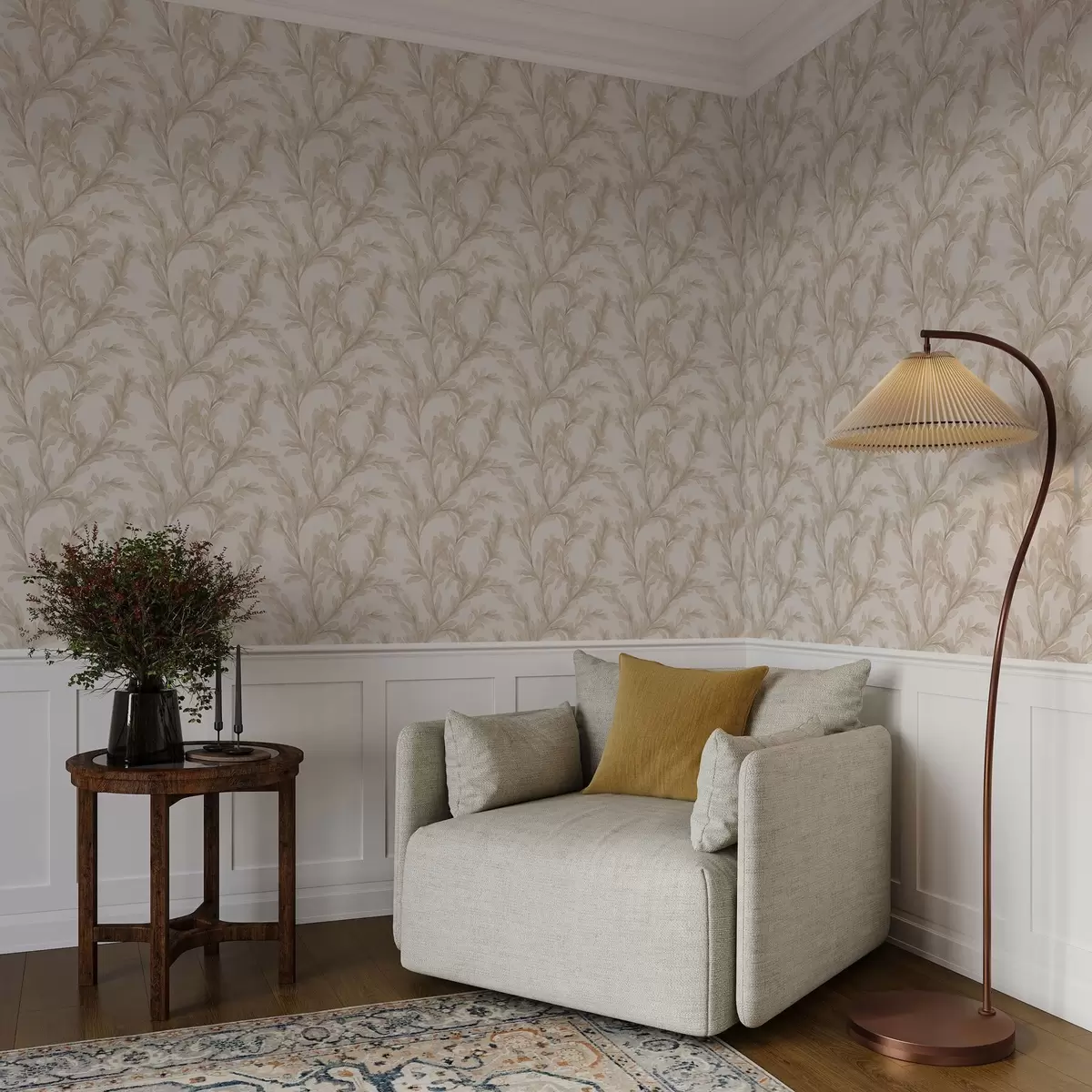 Papel pintado Ramitas en color beige acuarela, suave motivo botánico a00617