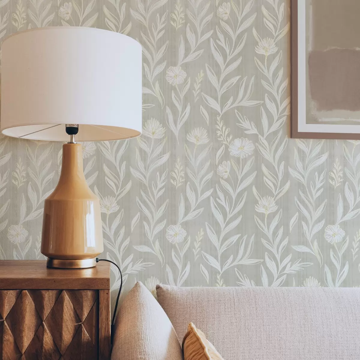 Papel pintado Hierbas y flores claras sobre fondo beige, líneas esquemáticas a00618