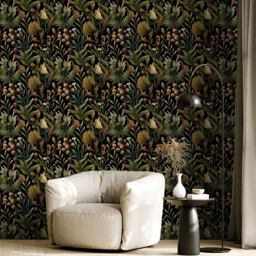 murales de pared Jardín botánico sobre fondo negro, cálida paleta otoñal a00619