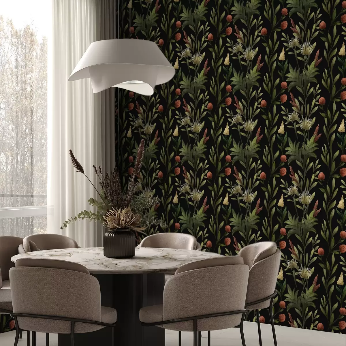 Papel pintado Hierbas altas y flores sobre fondo negro, estampado detallado a00620