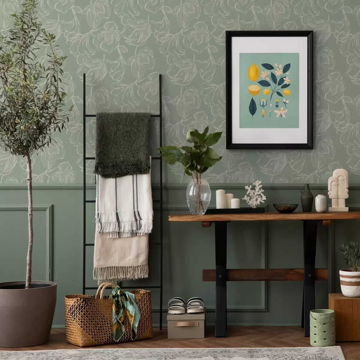 Papel pintado Flores grandes lineales, trazos de tiza sobre fondo salvia a00625v1