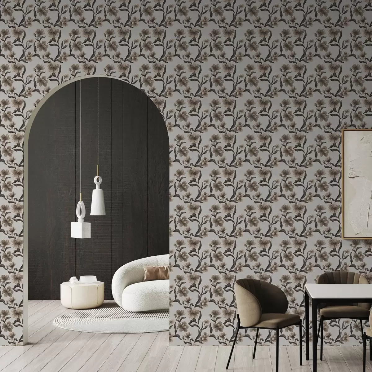 Papel pintado Flores beige y ramas oscuras sobre fondo gris claro a00626v1