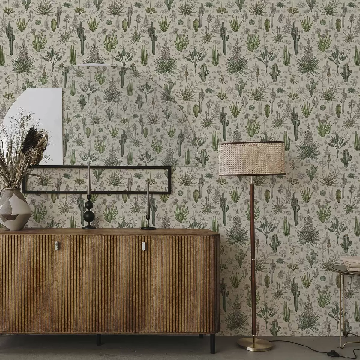 Papel pintado Cactus y suculentas sobre un fondo cálido, estampado detallado a00666