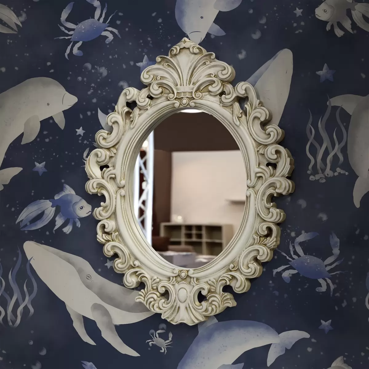 Papel pintado Ballenas marinas, delfines y cangrejos sobre un fondo azul oscuro a00720