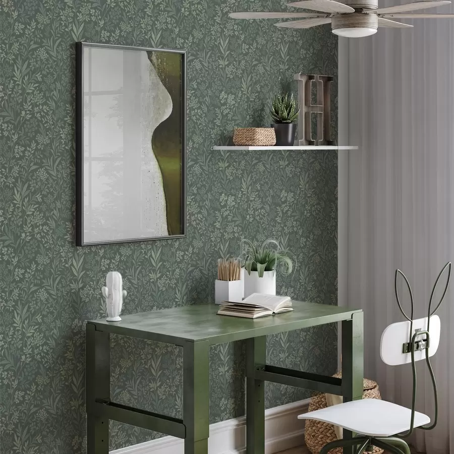 murales de pared Hierbas y bayas esmeralda, delicado diseño botánico a00740