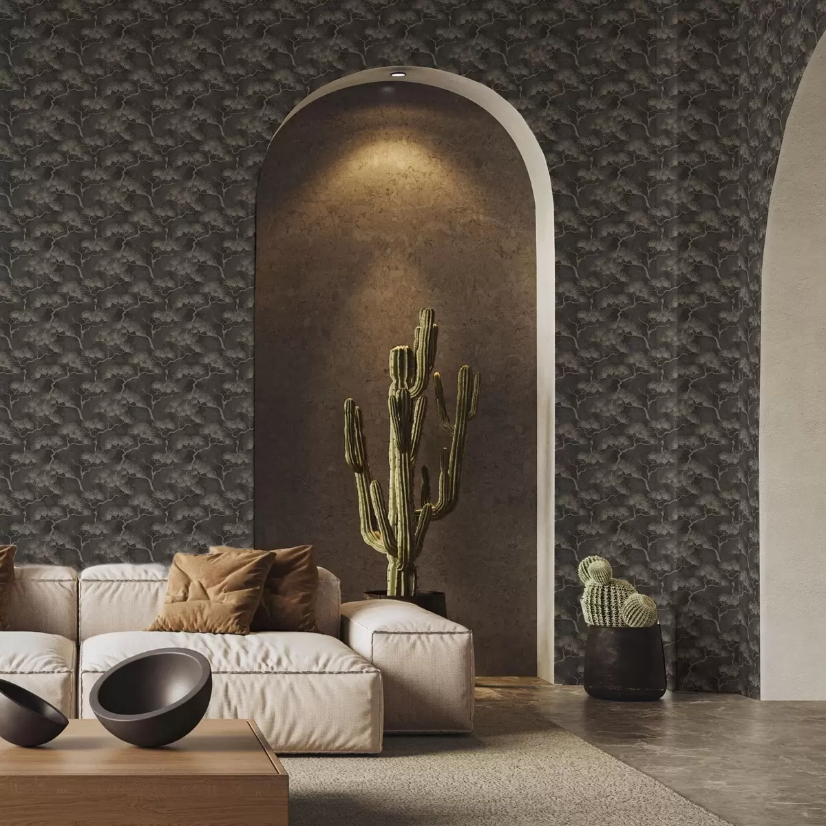 Papel pintado Siluetas de pinos sobre fondo oscuro, textura brumosa a00742