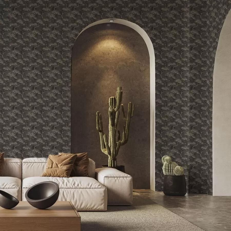 murales de pared Siluetas de pinos sobre fondo oscuro, textura brumosa a00742