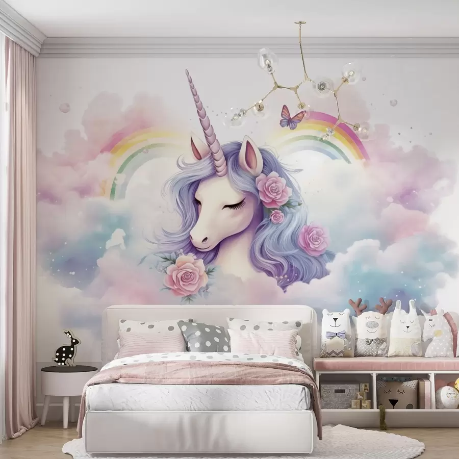 murales de pared Unicornio pastel entre las nubes con arcoíris y rosas w03990