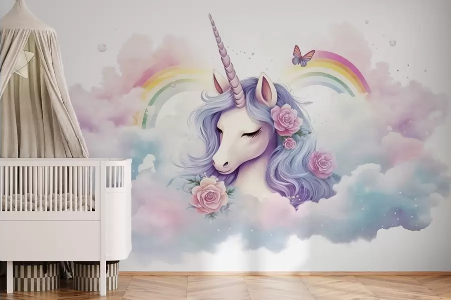 murales de pared Unicornio pastel entre las nubes con arcoíris y rosas w03990