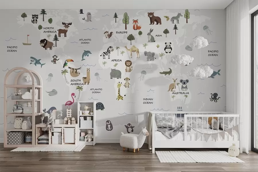 murales de pared Mapa del mundo con animales w04663