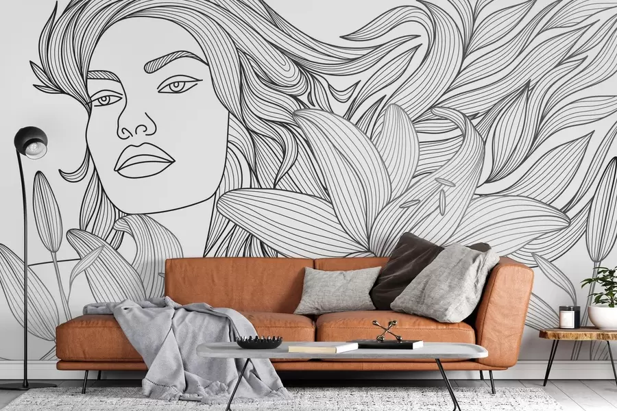 murales de pared Retrato de una niña entre flores de lirio w04689