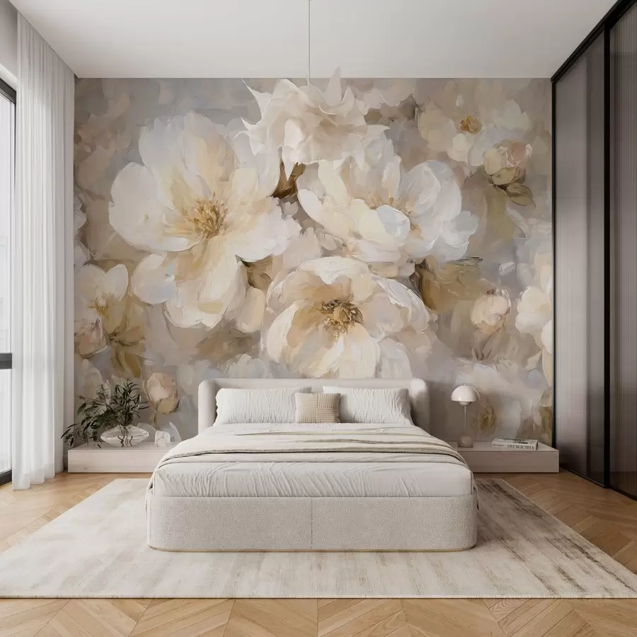 murales de pared flores grandes en tonos blancos y beige al estilo de la pintura al óleo w04633