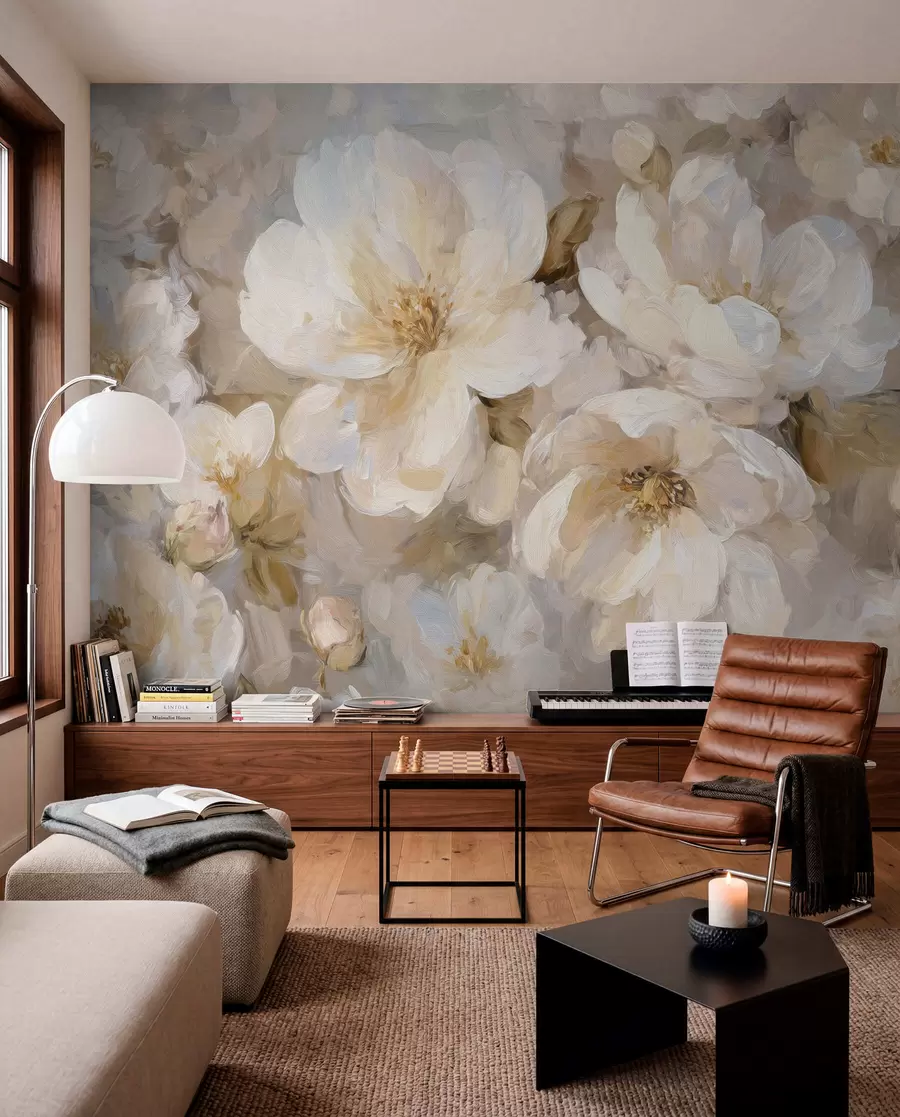 murales de pared flores grandes en tonos blancos y beige al estilo de la pintura al óleo w04633