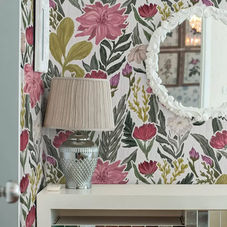 murales de pared Exuberantes flores rosas y crema sobre fondo blanco, textura impasto a00629v1