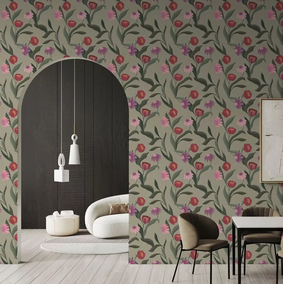 Papel pintado Flores de color rosa rojizo sobre fondo oliva, textura de lienzo a00631v1