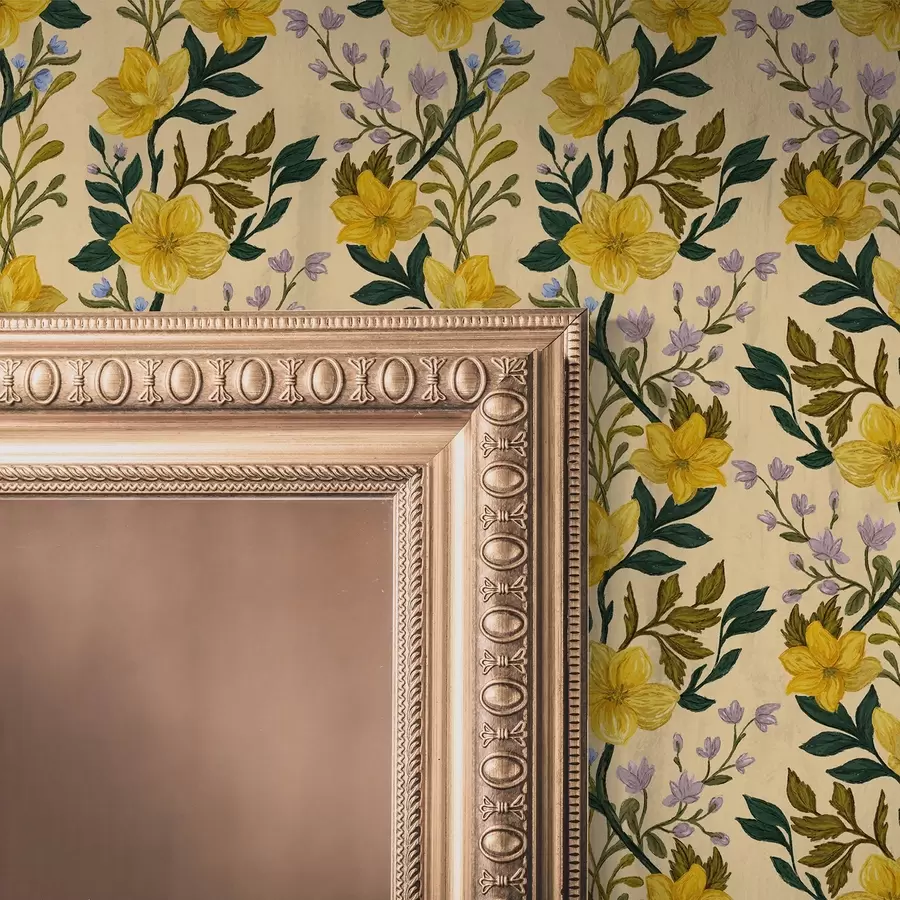 murales de pared Flores amarillas en guirnaldas verticales sobre fondo crema a00632