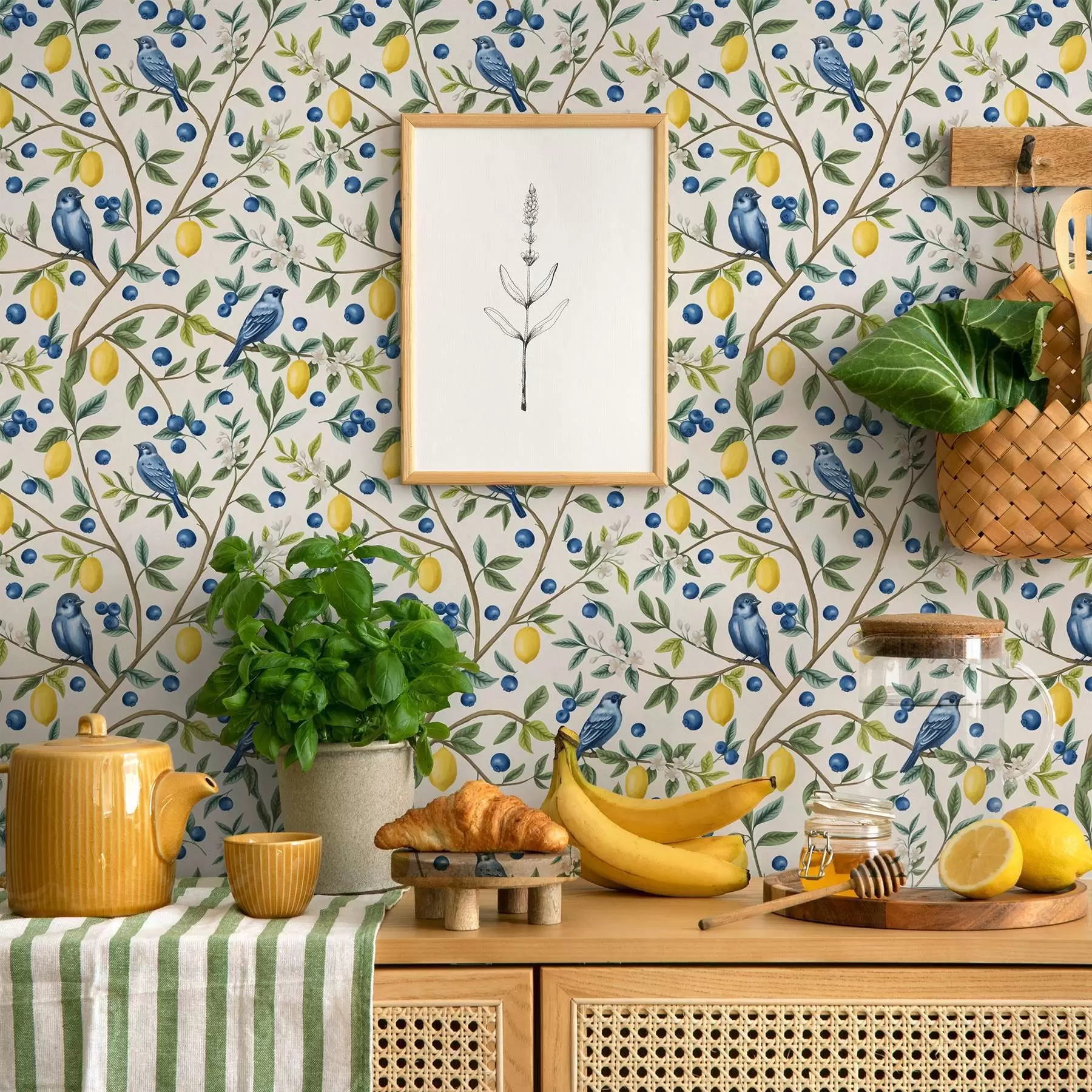 murales de pared Pájaros azules, limones y bayas sobre fondo blanco a00668