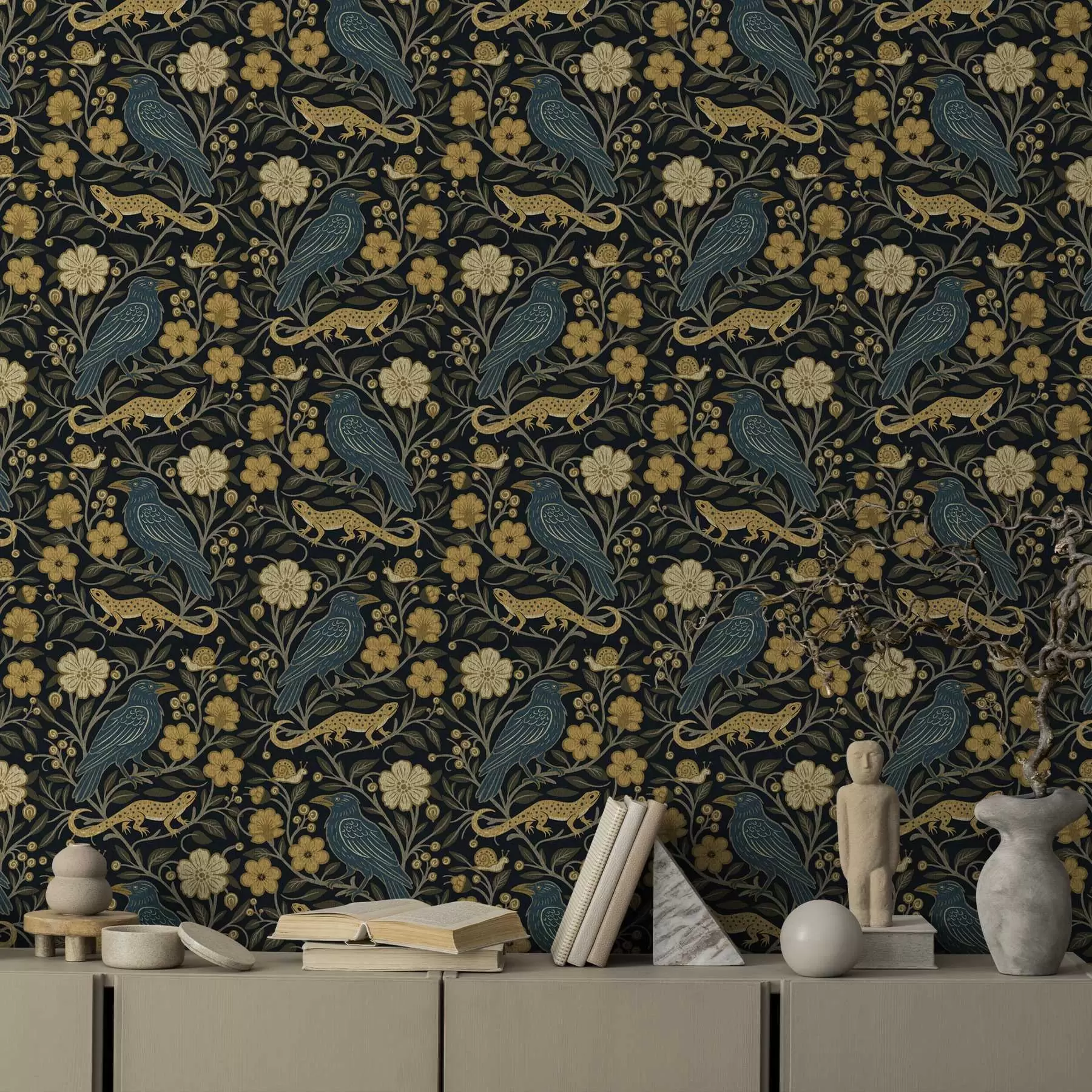 murales de pared Pájaros, lagartos y caracoles entre flores sobre un fondo oscuro a00691