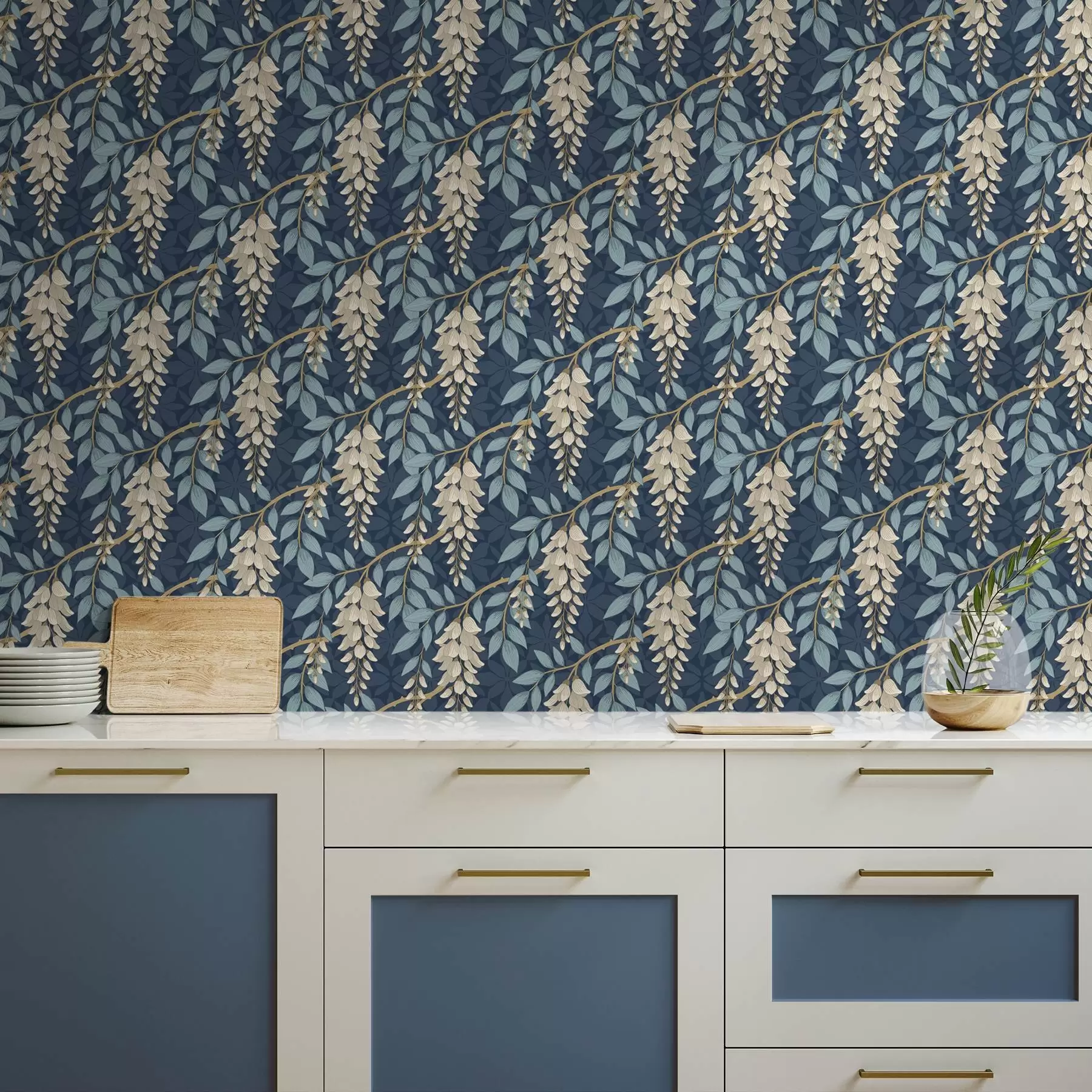 murales de pared Glicinia con hojas azules sobre fondo azul oscuro a00694v2