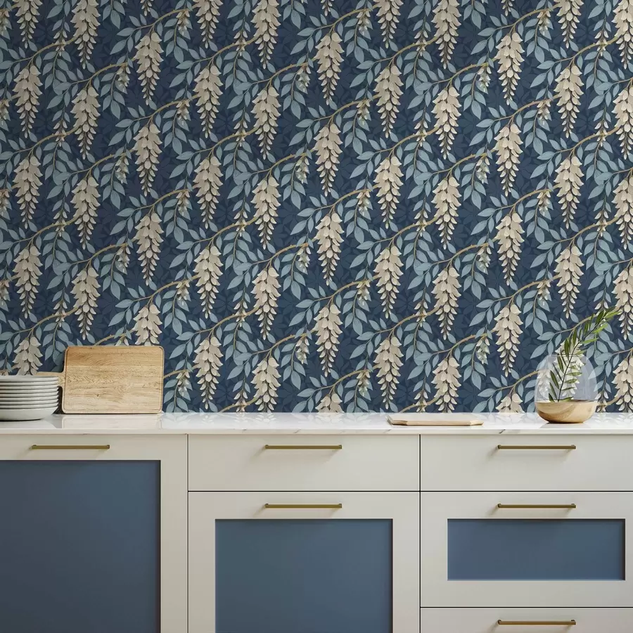 murales de pared Glicinia con hojas azules sobre fondo azul oscuro a00694v2