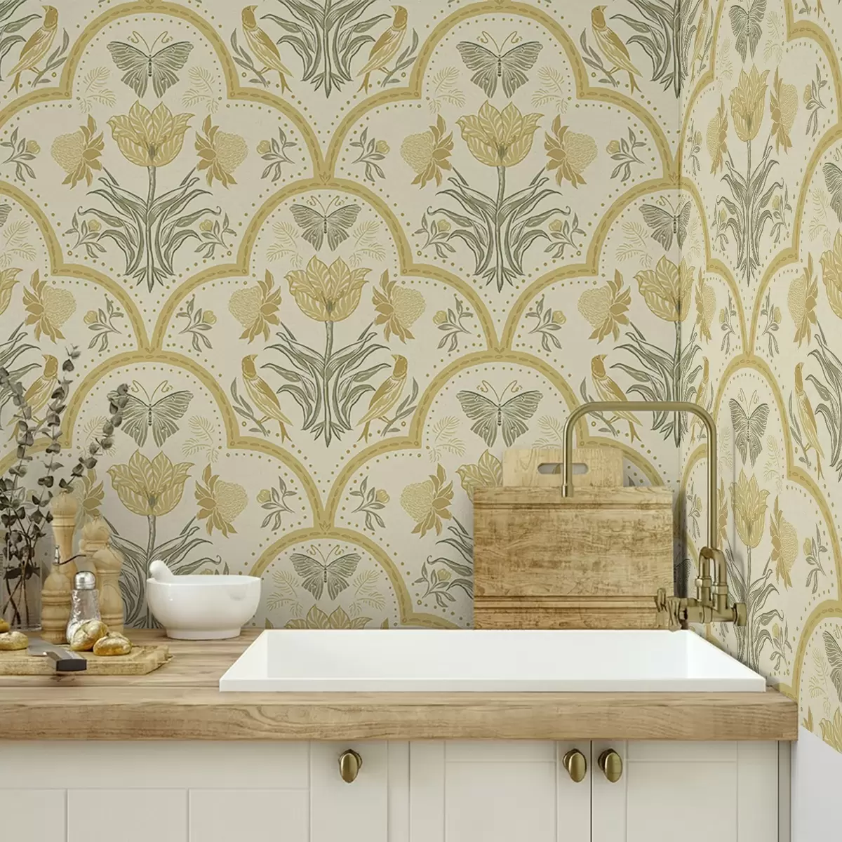 Papel pintado Adorno con tulipán, pájaros y mariposas, ocre a00722