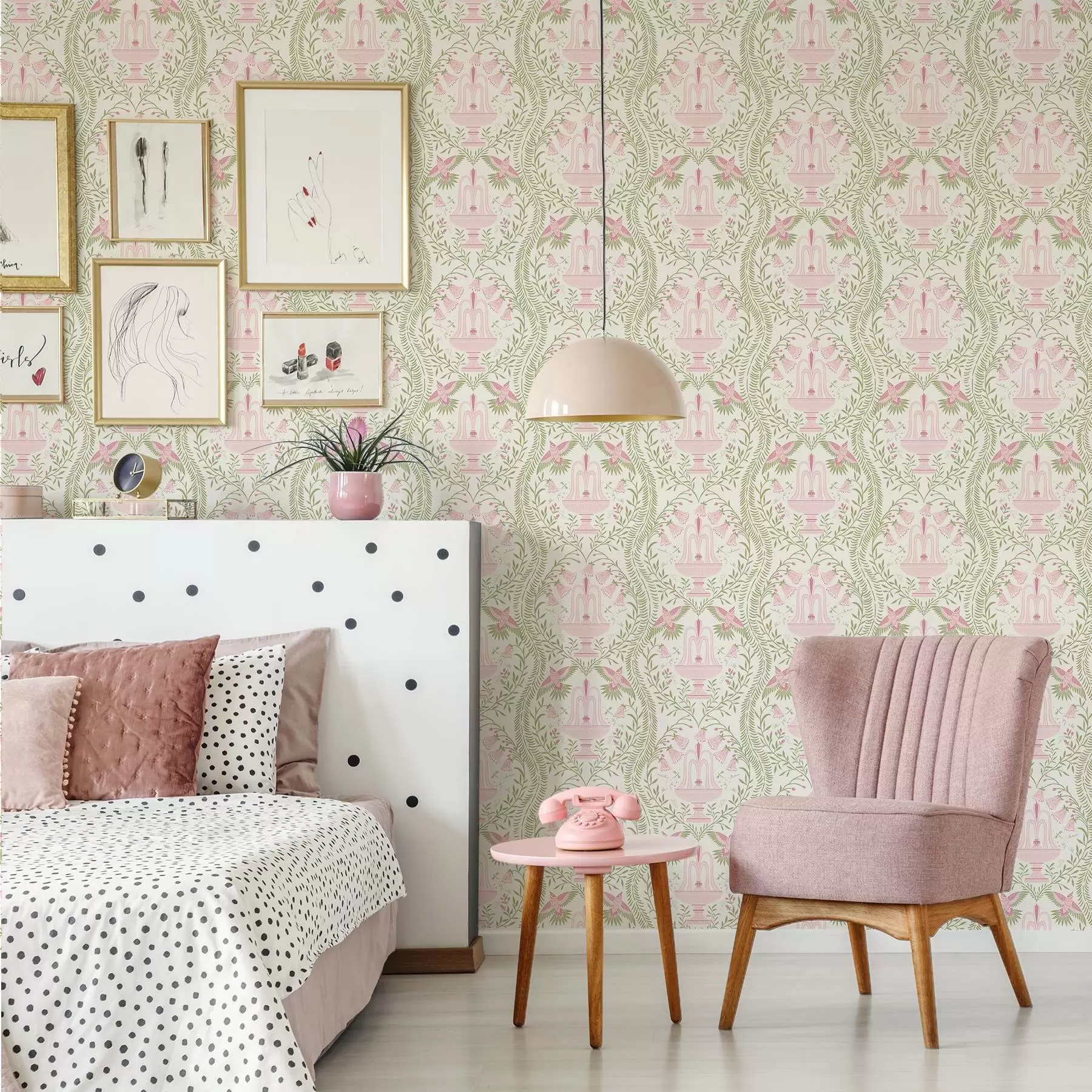 murales de pared Fuentes, colibríes y volutas verdes sobre fondo claro a00723