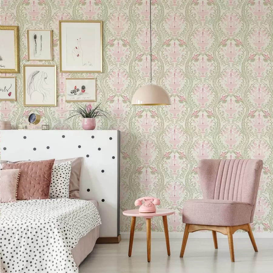 murales de pared Fuentes, colibríes y volutas verdes sobre fondo claro a00723