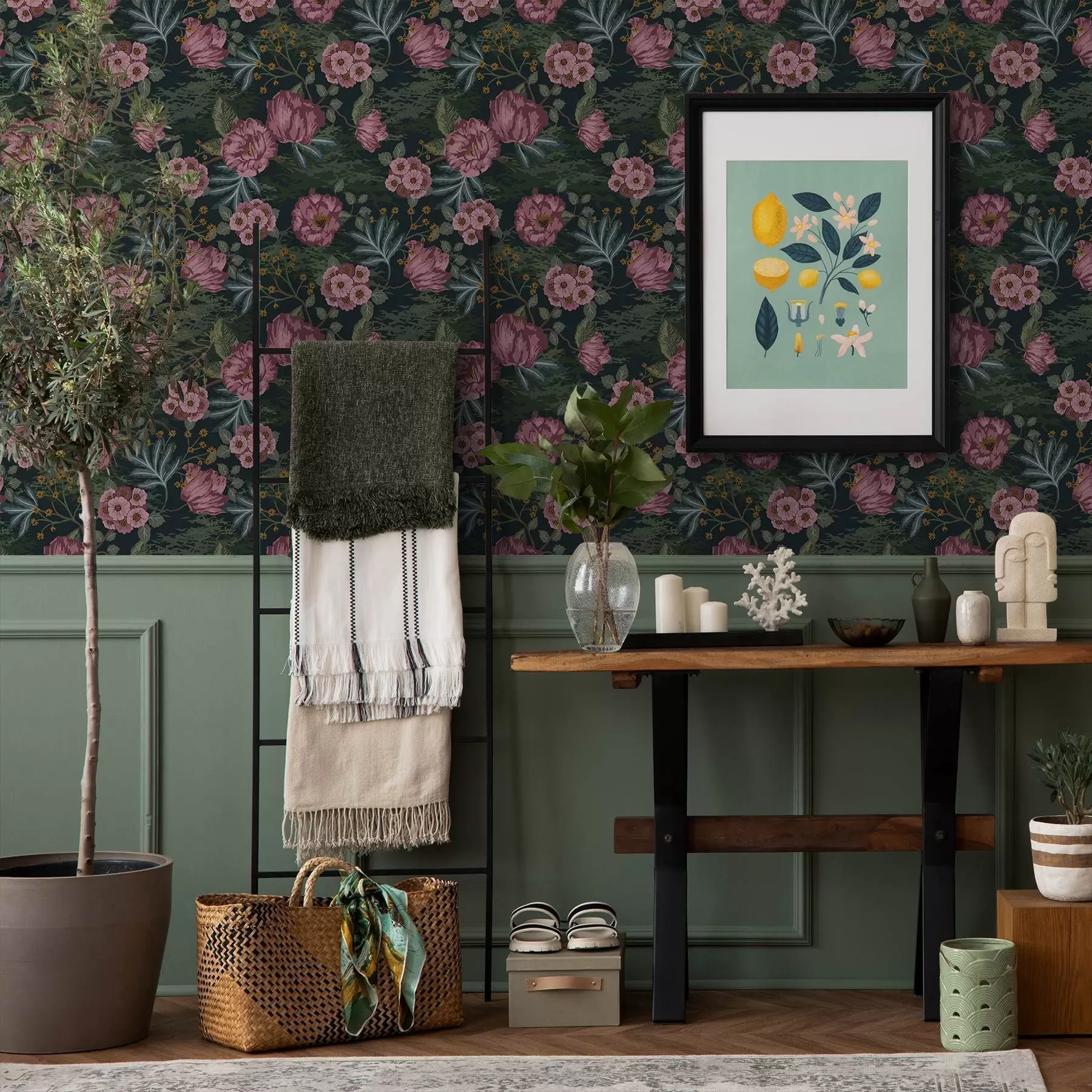 murales de pared Flora oscura con flores y hojas rosadas, fondo intenso a00724