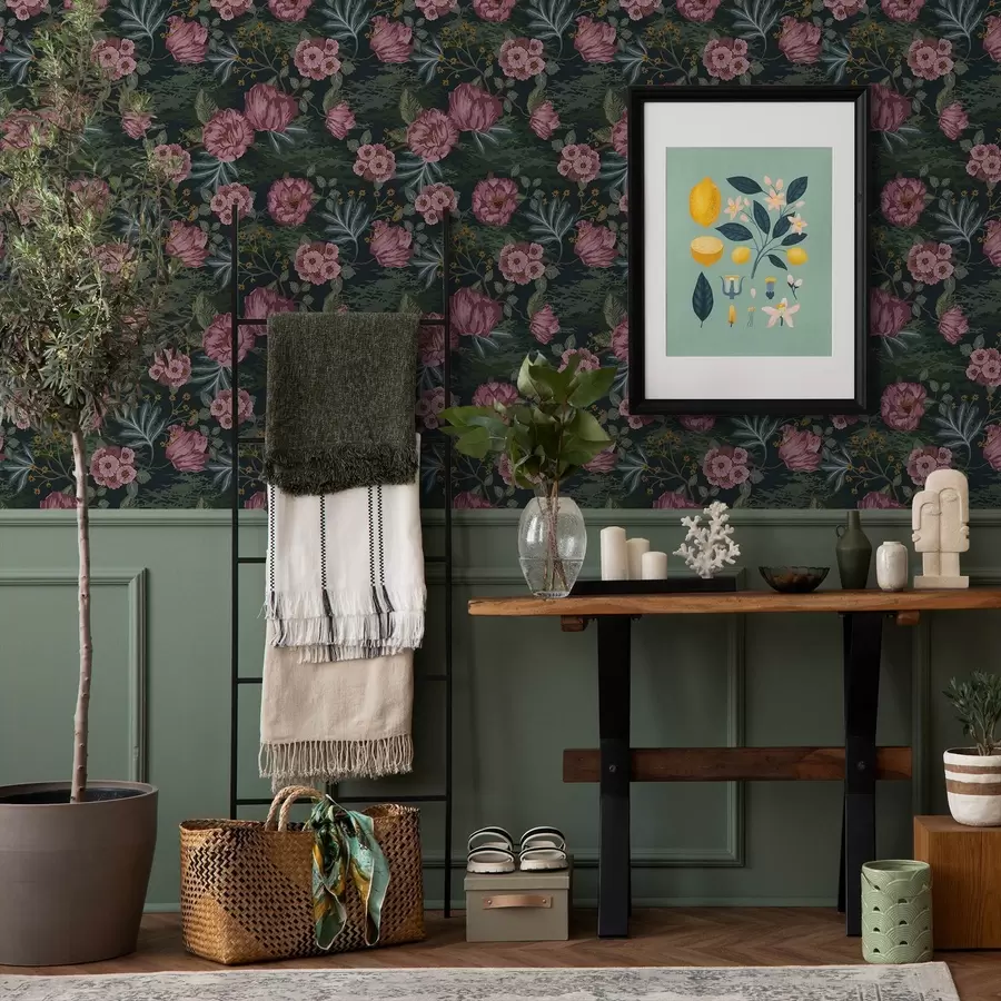 murales de pared Flora oscura con flores y hojas rosadas, fondo intenso a00724